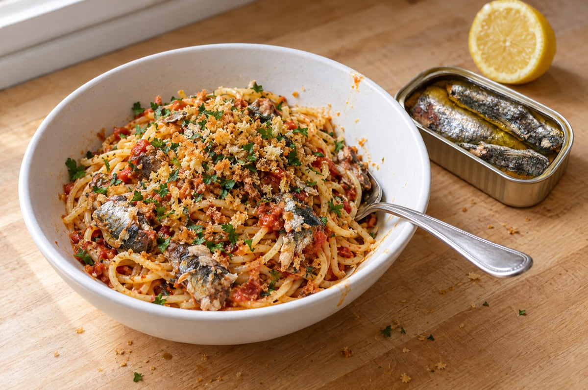 Bowl of spaghetti in tomato sauce with sardines, capers and golden breadcrumbs beside an open tin of Skin & Bone sardines in olive oil