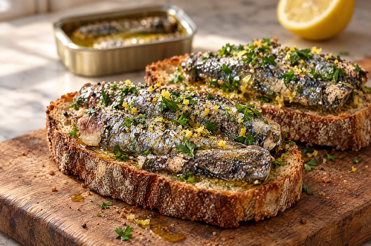 Sardines on toast with olive oil, parsley, lemon zest and black pepper on a wooden board