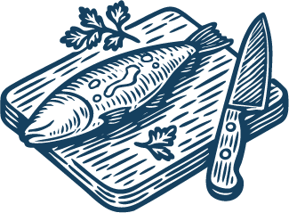 Vintage-style hand-drawn illustration of a whole fish on a cutting board with herbs and a chef’s knife, symbolizing meal preparation