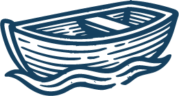 Hand-drawn illustration of a small wooden fishing boat floating on waves in vintage nautical style