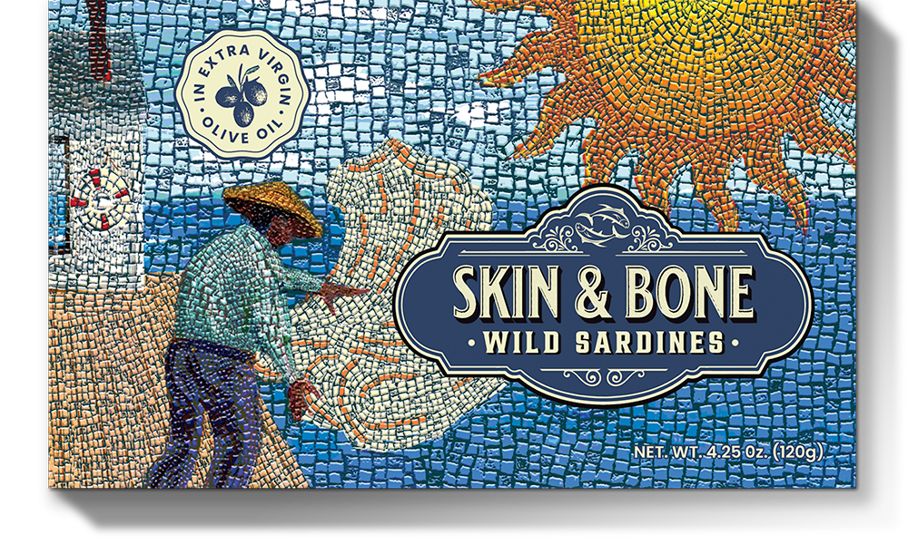 Skin & Bone Wild Sardines packaging featuring mosaic-style fisherman artwork, extra virgin olive oil seal, and bold vintage logo design on 4.25 oz tin