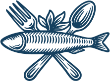 Hand-drawn illustration of a whole sardine over crossed fork and spoon with garnish, symbolizing ready-to-eat seafood in vintage culinary style