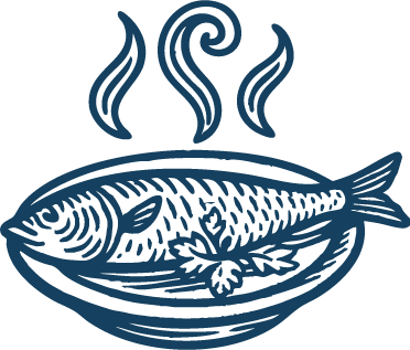 Hand-drawn illustration of a steamed fish on a plate with herbs and rising steam lines in vintage culinary style