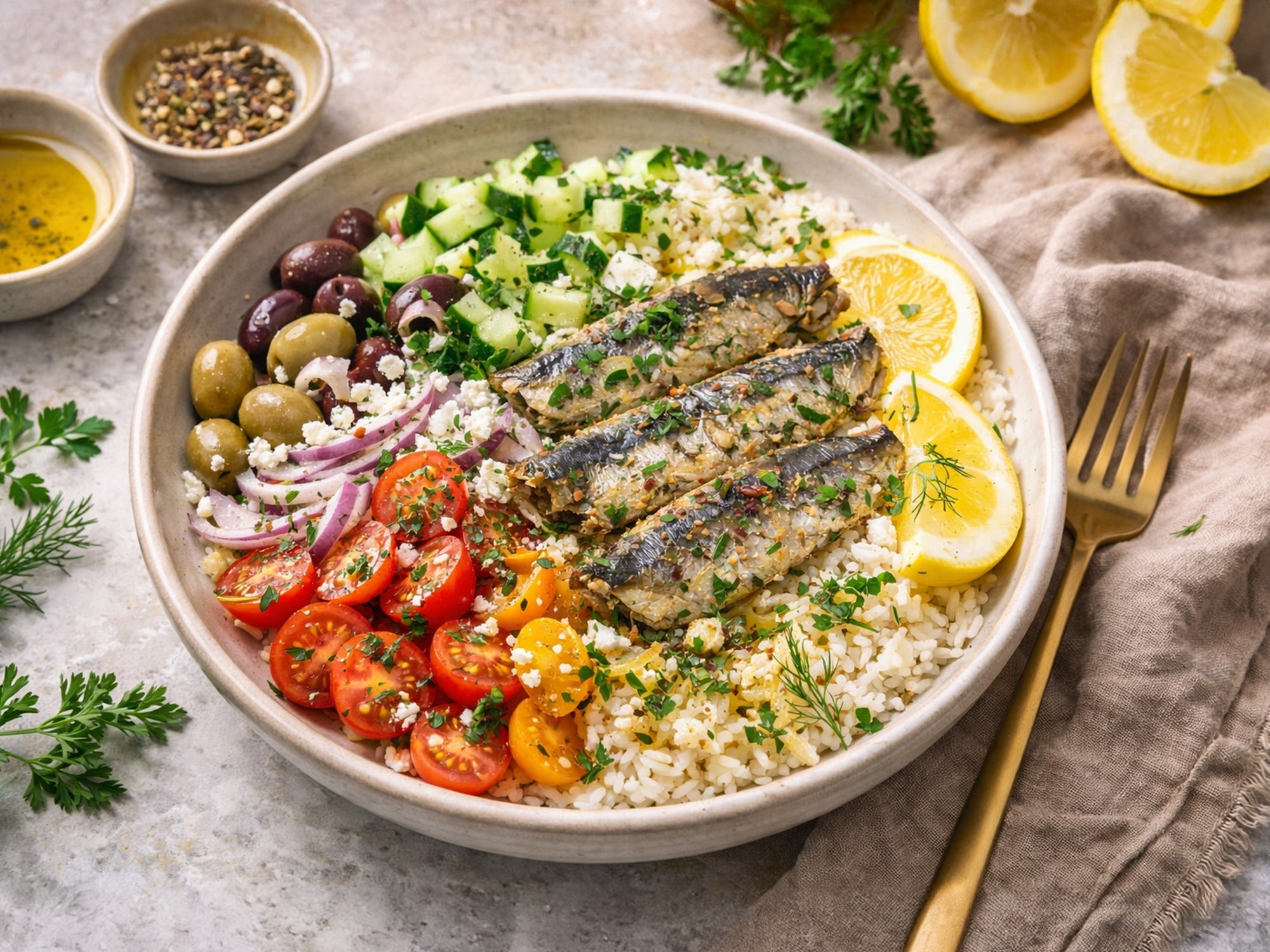 A Mediterranean sardine bowl with jasmine rice, cherry tomatoes, cucumber, red onion, olives, feta cheese, and fresh herbs, garnished with lemon and drizzled olive oil in a rustic ceramic dish.