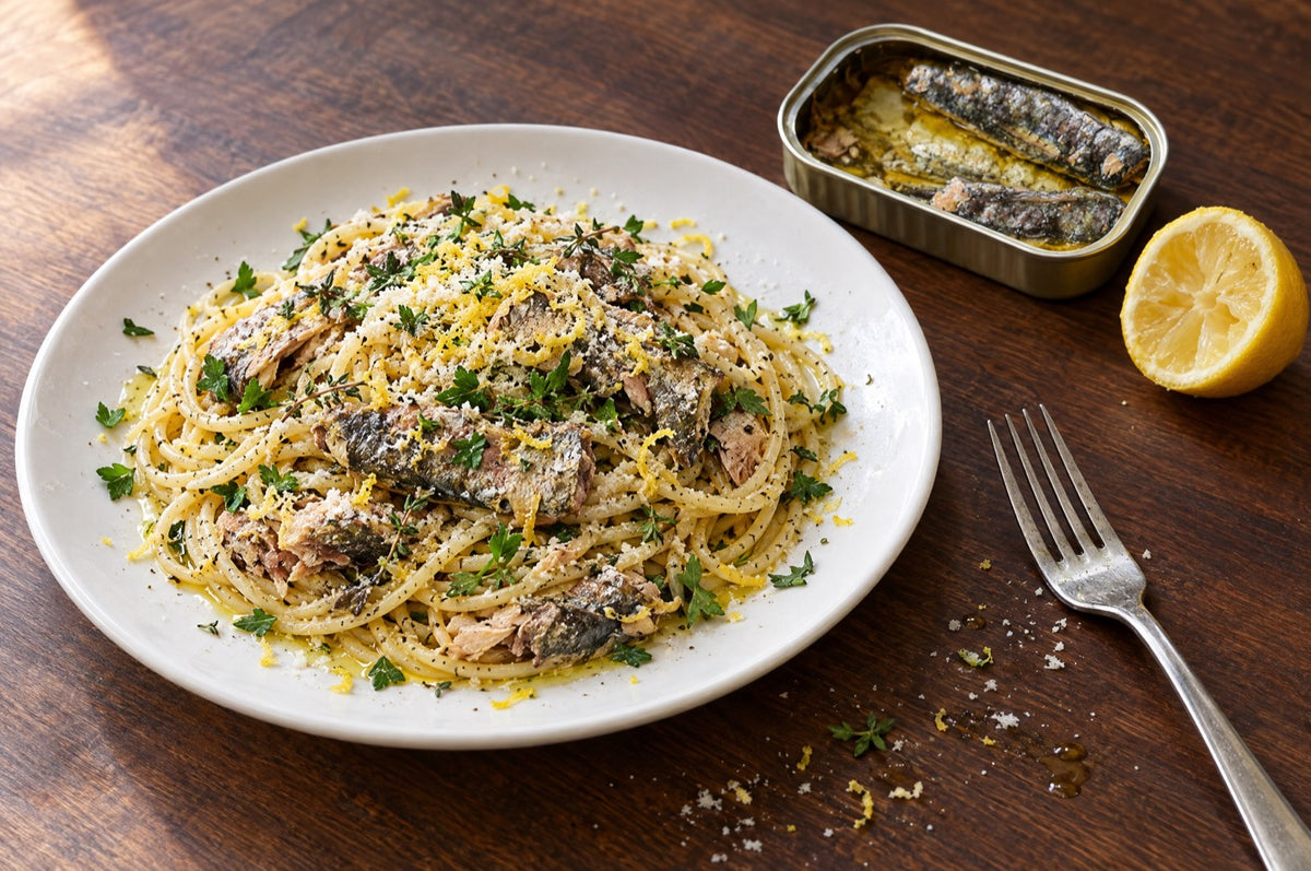 Rustic Sardine & Herb Pasta with flaked sardines, parsley and lemon